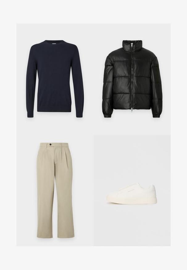 Fekete puffernadrág magas gallérral, cipzáras elülső záródással, steppelt kialakítással, elasztikus mandzsettákkal és fényes, sima szövetfelülettel.; Tengerész kék kötött pulóver kerek nyakkivágással, hosszú ujjakkal és bordás mandzsettákkal. Sima textúra és könnyű kialakítás a kényelem érdekében.; Változatos illeszkedésű bézs nadrág, amely redőkkel, gombos záródással, oldalsó zsebekkel és egyenes lábszárral rendelkezik. Simább anyag textúra.; Fehér slip-on sportcipők texturált felülettel, vastag talppal és minimalista dizájnnal. Az oldalon a márka logója található.