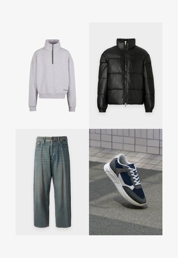 Black puffer jacket with a high collar, zip front closure, quilted design, elastic cuffs, and shiny, smooth fabric finish.; Light gray sweatshirt with a high collar, quarter-zip closure, and ribbed cuffs. Features a small black embroidered accent near the hem.; Light blue denim jeans with a loose fit, mid-rise waist, and straight legs. Features five pockets, belt loops, and a button closure.; Sneaker featuring a navy blue mesh upper, gray suede accents, white rubber sole, and flat white laces, designed for comfort and breathability.