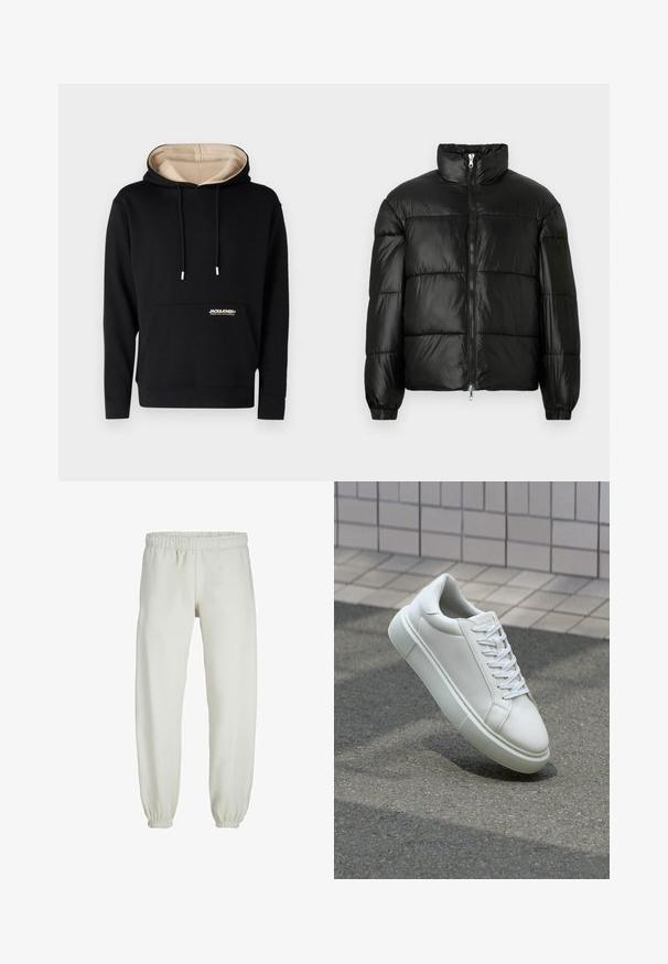 Melna pūkainā jaka ar augstu apkakli, rāvējslēdzēja priekšējo aizdari, quilted dizainu, elastīgām piedurknēm un spīdīgu, gludu auduma apdari.; Melnas kapuces džemperis ar beigu iekšpusi, auklām, priekšējo kabatu un zvanu uz krūtīm. Izgatavots no mīkstas auduma ar ribotām piedurknēm un apakšmalu.; Baltas treniņbikses, izgatavotas no mīkstas auduma, ar elastīgu jostu un piedurknēm, gluda tekstūra un brīva piegriezuma dizains.; Baltas ādas sporta apavi ar gludu virsmu, apaļu pirkstu un plakanām baltām šņorēm. Iezīmējas ar strukturētu gumijas zoli un minimālisma dizaina elementiem.