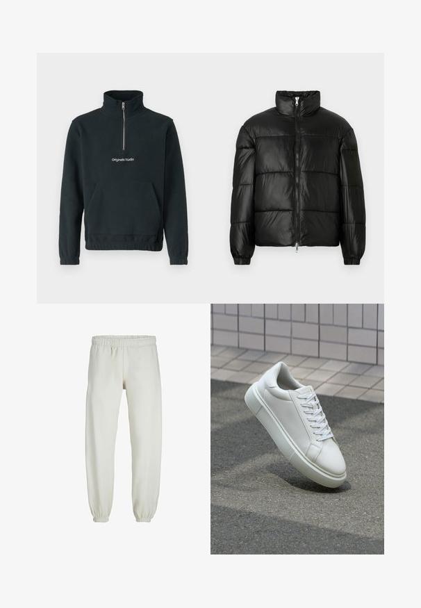 Zwarte pufferjack met een hoge kraag, ritsvoorzijde, gestikt ontwerp, elastische manchetten en een glanzende, gladde stofafwerking.; Jack & Jones JORVESTERBRO QUARTER ZIP - Fleece trui - forest river; Witte sweatpants gemaakt van zachte stof, met een elastische tailleband en boorden, een gladde textuur en een losvallend ontwerp.; Witte leren sneaker met een glad oppervlak, ronde neus en platte witte veters. Voorzien van een gestructureerde rubberen zool en minimale ontwerpelementen.