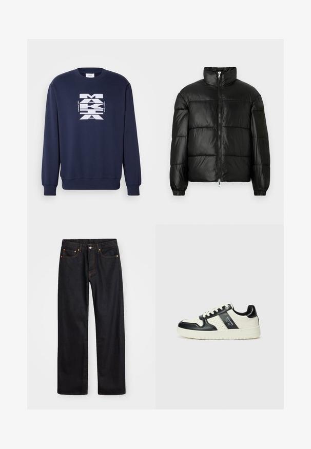 Giacca a vento nera con colletto alto, chiusura frontale con zip, design trapuntato, polsini elasticizzati e finitura in tessuto lucido e liscio.; Felpa blu navy in cotone, con una grande stampa grafica bianca sul fronte. Maniche lunghe con polsini e orlo a costine.; Jeans neri in denim dritto da uomo con cinque tasche e cuciture arancioni, chiusura con bottone e zip sulla vita anteriore.; Sneakers in pelle con una combinazione di colori nero e crema, dotati di dettagli perforati, collare imbottito e suola testurizzata.