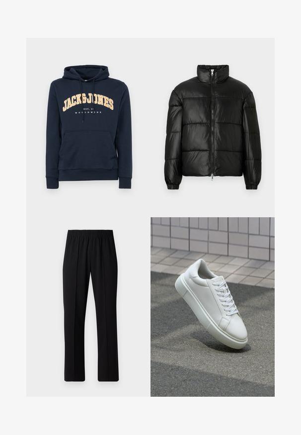 Black puffer jacket with a high collar, zip front closure, quilted design, elastic cuffs, and shiny, smooth fabric finish.; Navy blue hoodie with a front pouch pocket, drawstring hood, and white logo text "JACK & JONES" in yellow arching across the chest.; Black, elastic-waist trousers with a straight-leg design, featuring a smooth texture and no visible patterns or hardware.; White leather sneaker with a smooth surface, round toe, and flat white laces. Features a textured rubber sole and minimal design elements.