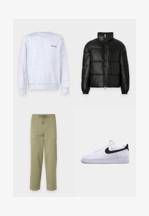 Sort puffet jakke med høj krave, lynlås foran, quiltet design, elastiske manchetter og skinnende, glat stoffinish.; Grå sweatshirt lavet af bomuldsblanding, med rund halsudskæring, der har en lille sort "Club1990" tekst på venstre brystområde.; Lys olivengrønne bukser lavet af en bomuldsblanding, med elastisk talje med snor og to store sidelommer.; Hvide lædersneakers med en struktureret sort Swoosh, flade snørebånd og en gummisål med et rillemønster. "AIR" er præget på hælen.