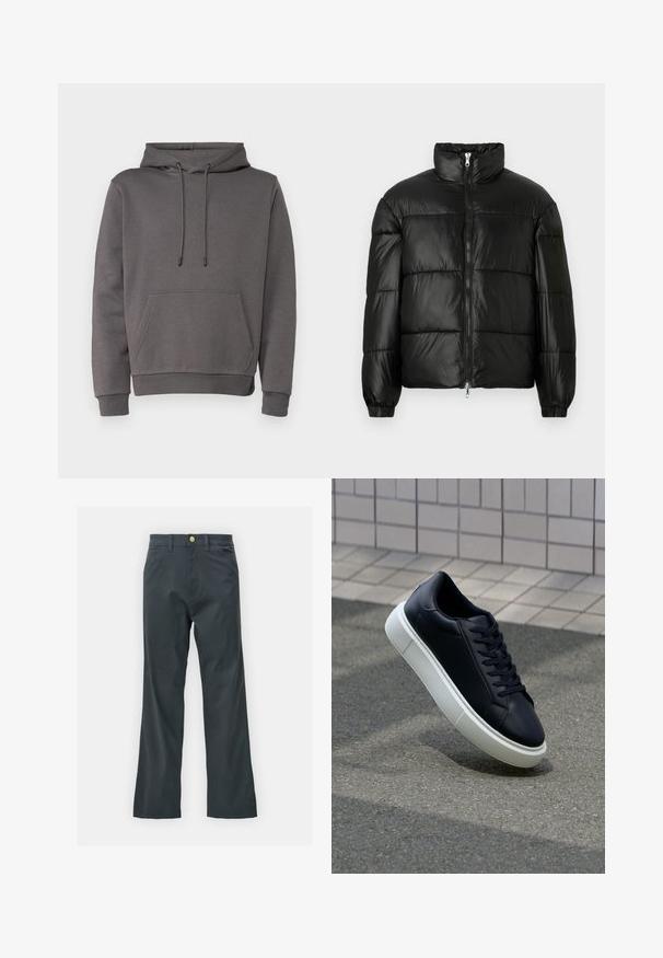 Melna pūkainā jaka ar augstu apkakli, rāvējslēdzēja priekšējo aizdari, quilted dizainu, elastīgām piedurknēm un spīdīgu, gludu auduma apdari.; Pelēka kapuce, kas izgatavota no mīksta materiāla, ar kangoru kabatu, regulējamu šņorīti kapuces augšā un ribotām piedurknēm un apakšmalu.; Melnas bikses ar taisnu kāju griezumu, izgatavotas no kokvilnas maisījuma auduma. Tām ir metāla pogas aizdare un sānu kabatas. Nav redzamu rakstu.; Melnas ādas kedas ar noapaļotu pirkstu un baltu gumijas zoli. Iespējas - plakanas šņorītes un minimāla apdare augšdaļā. Struktūrēta zole, lai nodrošinātu saķeri.