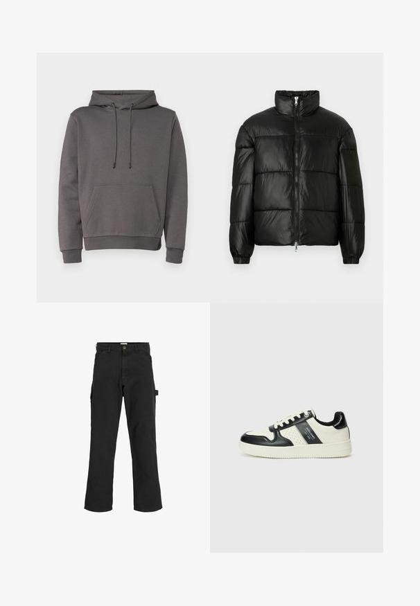 Fekete puffernadrág magas gallérral, cipzáras elülső záródással, steppelt kialakítással, elasztikus mandzsettákkal és fényes, sima szövetfelülettel.; Szürke kapucnis pulóver puha anyagból, kenguru zsebből, állítható zsinóros kapucnival, valamint bordázott mandzsettákkal és aljjal.; Fekete cargo nadrág pamut keverékből készült. Széles lábakkal, elöl ferdén zsebekkel és egy oldalsó zsebbel rendelkezik, amelyen egy hurok található kiegészítők számára.; Fekete és krém színű bőrsneaker, perforált díszítésekkel, párnázott bokapánttal és texturált talppal.