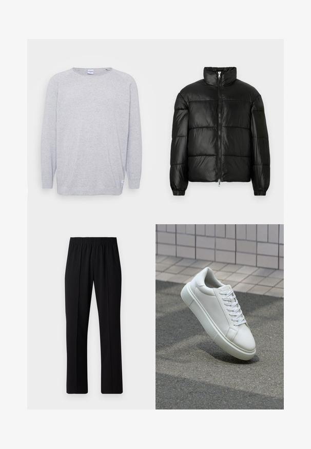 Svart pufferjakke med høy krage, glidelås foran, quiltet design, elastiske mansjetter og blank, glatt stofffinish.; Lys grå genser med lange ermer, rund hals og teksturert strikk. Har et subtilt prikket mønster og et lite merke ved kanten.; Svart, elastisk midjebukser med rett ben-design, med en glatt tekstur og uten synlige mønstre eller maskinvare.; Hvit lær sneaker med glatt overflate, rund tå og flate hvite snøringer. Har en teksturert gummisåle og minimale design elementer.