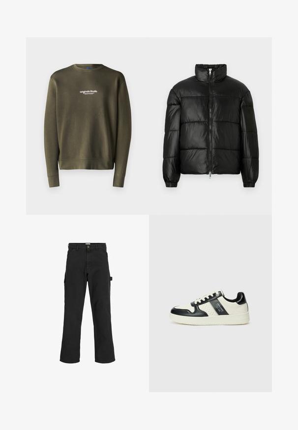 Fekete puffernadrág magas gallérral, cipzáras elülső záródással, steppelt kialakítással, elasztikus mandzsettákkal és fényes, sima szövetfelülettel.; Olive zöld pulcsi, kerek nyakkivágással, hosszú ujjakkal és passzéval. A mellkason fehér hímzéssel szerepel az "Originals Studio" felirat.; Fekete cargo nadrág pamut keverékből készült. Széles lábakkal, elöl ferdén zsebekkel és egy oldalsó zsebbel rendelkezik, amelyen egy hurok található kiegészítők számára.; Fekete és krém színű bőrsneaker, perforált díszítésekkel, párnázott bokapánttal és texturált talppal.