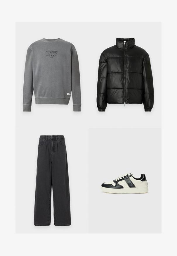 Μαύρο μπουφάν με φουσκωτό σχέδιο, ψηλό γιακά, κλείσιμο με φερμουάρ μπροστά, ραφές τύπου καπιτονέ, ελαστικές μανσέτες και γυαλιστερή, λεία υφή.; Γκρίζα μακρυμάνικη μπλούζα με στρογγυλή λαιμόκοψη, με την επιγραφή "SURPLUS DNM" τυπωμένη με μαύρα γράμματα στο στήθος και μια μικρή λευκή ετικέτα κοντά στο στρίφωμα.; Μαύρο τζιν παντελόνι με φαρδιά πόδια και ψηλή μέση, με κλείσιμο μπροστά με κουμπί και φερμουάρ, διαθέτει πλευρικές τσέπες και λεία υφή.; Δερμάτινα sneakers με μαύρο και κρεμ χρωματικό σχέδιο, με διάτρητες λεπτομέρειες, επενδεδυμένο κολάρο και υφή στη σόλα.