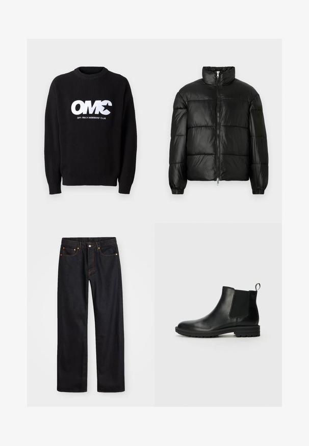 Black puffer jacket with a high collar, zip front closure, quilted design, elastic cuffs, and shiny, smooth fabric finish.; Black ribbed knit sweater with a crew neckline, featuring prominent white embroidered text "OMC" and "OFF-TRACK MEMBERS' CLUB" on the front.; Men’s straight-leg black denim jeans with five pockets and orange stitching, button and zip closure on front waistband.; Jack & Jones JFWHOSKINS - Classic ankle boots - anthracite