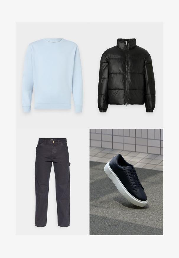 Mustat puffer-takki korkealla kauluksella, vetoketjukiinnitys edessä, tikattu malli, joustavat hihansuut ja kiiltävä, sileä kangasviimeistely.; Vaaleansininen huppari, joka on valmistettu pehmeästä puuvillasta ja jossa on pyöreä kaula-aukko, ribbaustikkaat hihoissa ja helmassa. Liukas pinta, ei kuvioita tai koristeita.; Tummanharmaat cargo-housut, jotka on valmistettu kestävästä kankaasta. Niissä on suora lahkeellinen leikkaus, viisi taskua ja nappikiinnitys vyötäröllä.; Mustat nahkakengät, joissa on pyöristetty kärki ja valkoinen kumipohja. Varusteena litteät nauhat ja minimaalinen ommel ylhäällä. Teksturoitu pohja pitävyyden lisäämiseksi.