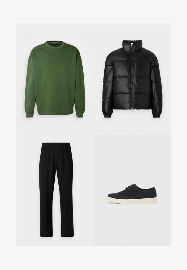 Mustat puffer-takki korkealla kauluksella, vetoketjukiinnitys edessä, tikattu malli, joustavat hihansuut ja kiiltävä, sileä kangasviimeistely.; Vihreä collegepaita, jossa on pyöreä kaula-aukko, löysä istuvuus ja pitkät hihat. Valmistettu teksturoidusta kankaasta, jossa on ribbiyksityiskohdat hihansuissa ja helmassa.; Mustat, joustavat vyötäröhousut suoralla lahkeella, joissa on sileä pinta ilman näkyviä kuvioita tai metalliosia.; Musta mokkaboot, jossa on pyöristetty kärki, kevyt vaaleancreme-väri pohja ja hienovaraiset siniset ompeleet päällisessä.