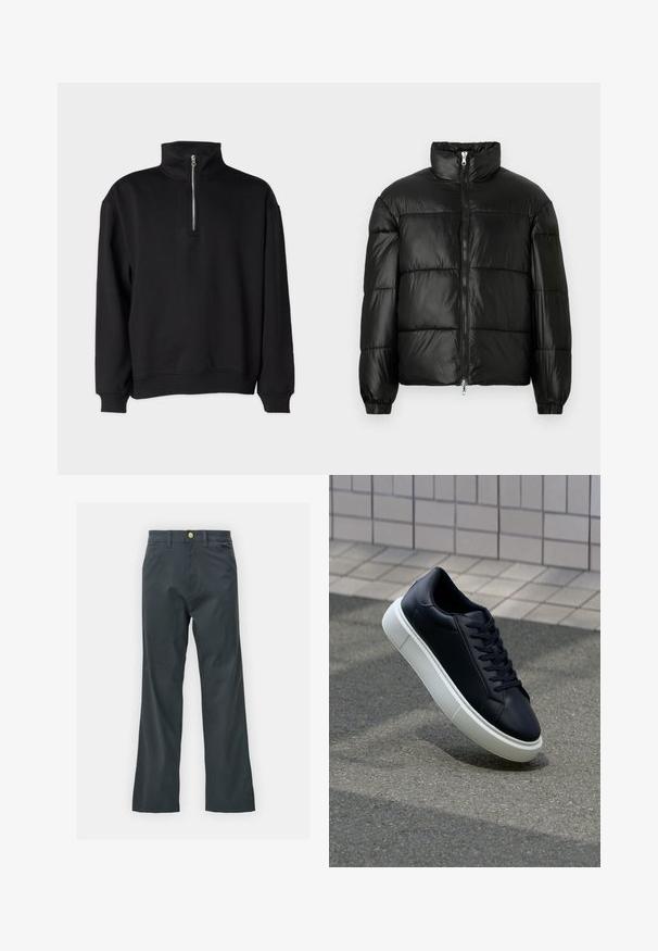 Casaco puffer preto com gola alta, fecho frontal em zíper, design acolchoado, punhos elásticos e acabamento de tecido brilhante e suave.; Sweatshirt preto de pullover com gola alta, apresentando um fecho de meia-zíper, mangas longas e punhos e barra canelados. Textura de tecido macio.; Calças pretas com corte reto, feitas de um tecido em mistura de algodão. Apresenta um fecho com botão metálico e bolsos laterais. Sem padrões visíveis.; Sapatilha de couro preto com bico arredondado e sola de borracha branca. Apresenta atacadores planos e costuras mínimas na parte superior. Sola texturizada para melhor aderência.