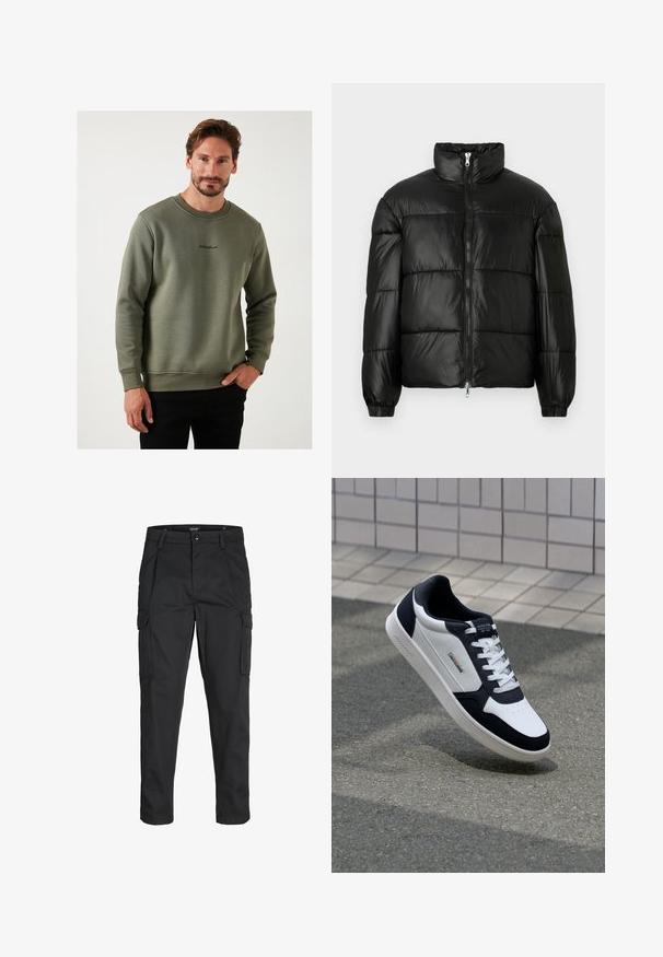 Chaqueta de pluma negra con un cuello alto, cierre frontal con cremallera, diseño acolchado, puños elásticos y acabado de tela brillante y suave.; Sudadera verde oliva hecha de un tejido suave, con cuello redondo y detalle de logotipo bordado en el pecho. Corte ajustado, mangas largas.; Pantalones cargo negros hechos de tela resistente, que cuentan con múltiples bolsillos, un cierre de botón y un diseño de corte slim con piernas ajustadas.; Zapatillas de piel blancas y azul marino con suela texturizada, diseño de cordones y etiqueta de marca. Presenta área de puntera perforada y cuello acolchado.