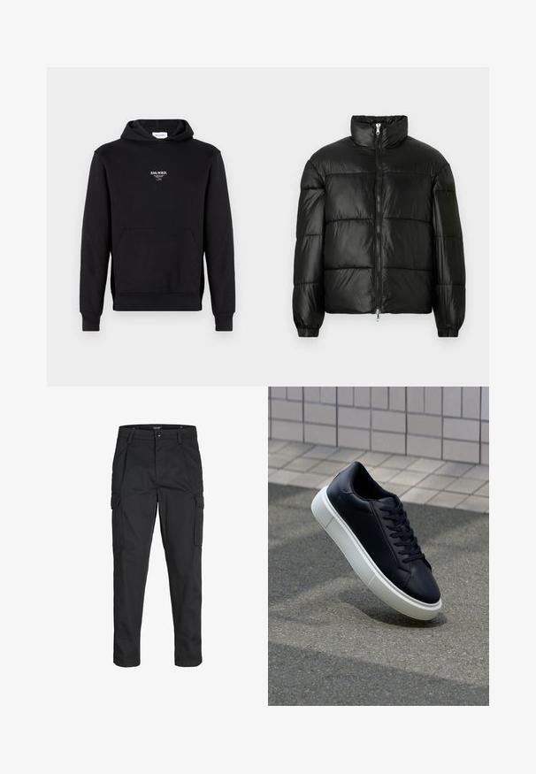 Črna pufasta jakna z visokim ovratnikom, z zadrgo spredaj, prešito zasnovo, elastičnimi manšetami in sijočim, gladkim zaključkom tkanine.; Črna kapuca iz mešanice bombaža, z sprednjim žepom, rebrastimi manšeti in majhnim vezenim logotipom v beli barvi na prsih.; Črne cargo hlače iz trdnega blaga, ki imajo več žepov, gumbasto zapiranje in ozek kroj z zožanimi nogami.; Črne usnjene superge z zaobljenim prstom in belim gumijastim podplat. Imajo ravne vezalke in minimalno šivanje na zgornjem delu. Teksturirani podplat za oprijem.