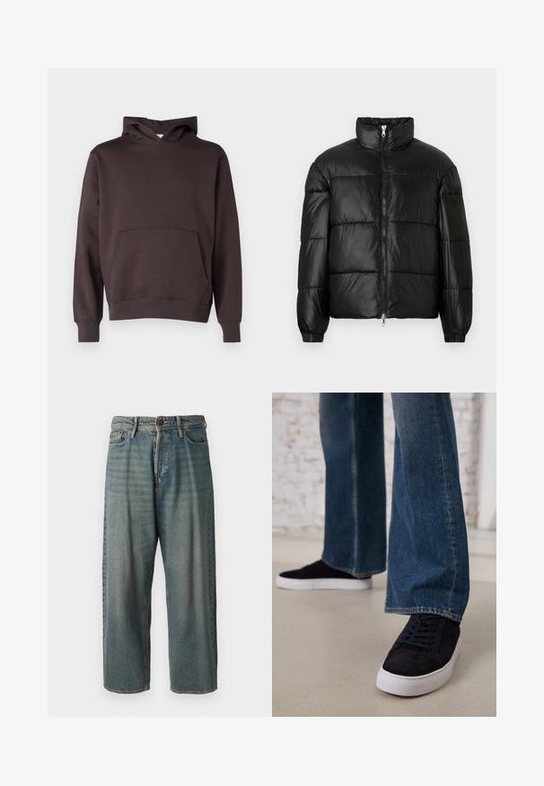 Black puffer jacket with a high collar, zip front closure, quilted design, elastic cuffs, and shiny, smooth fabric finish.; Brown hooded sweatshirt made of soft fabric, featuring a front pocket, ribbed cuffs, and hem, with a classic a-line shape.; Light blue denim jeans with a loose fit, mid-rise waist, and straight legs. Features five pockets, belt loops, and a button closure.; Dark blue suede sneakers with a white rubber sole and laces, paired with wide-leg denim jeans in a medium blue wash.
