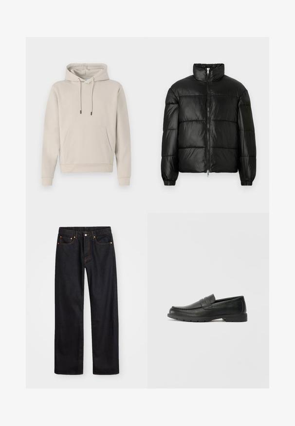 Casaco puffer preto com gola alta, fecho frontal em zíper, design acolchoado, punhos elásticos e acabamento de tecido brilhante e suave.; Sweatshirt com capuz em bege claro, apresentando um bolso frontal, cordões e punhos canelados. Feito de um tecido suave e liso com um ajuste descontraído.; Calças de ganga pretas para homem, de pernas retas, com cinco bolsos e costura laranja, fecho de botão e zíper na cintura da frente.; Sapatos mocassins de couro preto com acabamentos lisos, parte superior em estilo mocassins, detalhes em costura e sola de borracha. Design clássico com um salto baixo.