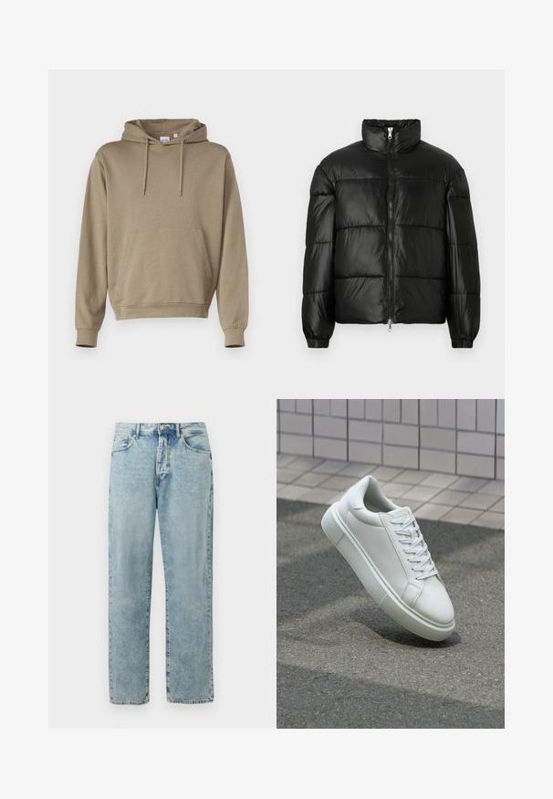 Čierna páperová bunda s vysokým golierom, predným zipsom, prešívaným dizajnom, elastickými manžetami a lesklým hladkým materiálom.; Mikina s kapucňou z svetlohnedého materiálu, s prednou kengurou kapsou, rebrovanými manžetami a voľným strihom.; Svetlo modré džínsy s rovnými nohavicami, s uzáverom na gombík a zips, predné vrecká a jemne vybledlé detaily.; Biele kožené tenisky s hladkým povrchom, okrúhlym špičkou a plochými bielymi šnúrkami. Obsahuje štruktúrovanú gumovú podrážku a minimalistický dizajn.