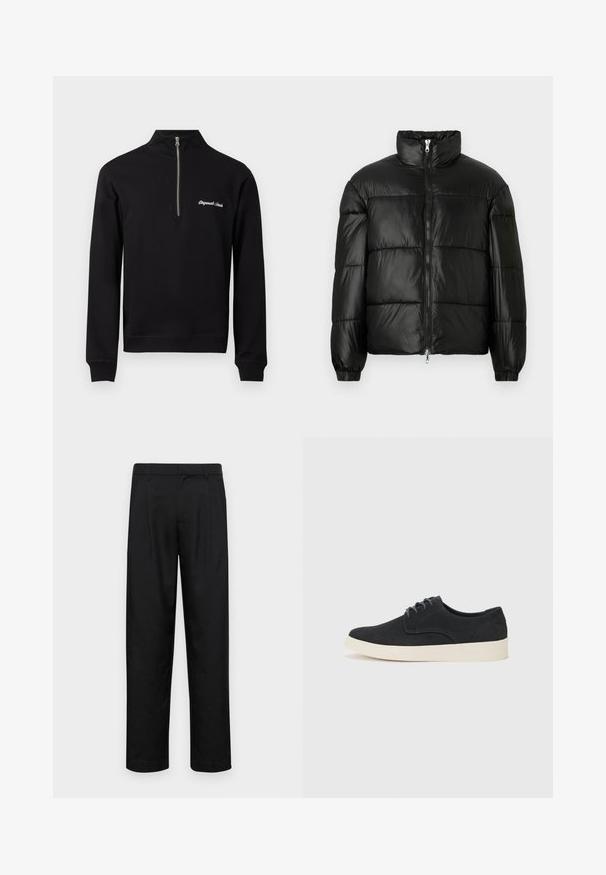 Giacca a vento nera con colletto alto, chiusura frontale con zip, design trapuntato, polsini elasticizzati e finitura in tessuto lucido e liscio.; Felpa nera con zip a un quarto e colletto alto, con testo ricamato bianco "Originals Canada" nella zona del petto sinistro.; Pantaloni neri realizzati in tessuto liscio, caratterizzati da un taglio dritto, due pieghe frontali e una vita standard con passanti per la cintura.; Scarpa in suede nera con lacci, punta arrotondata, suola leggera color crema e dettagli di cucitura blu discreti sulla parte superiore.