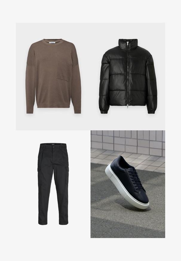 Schwarze Daunenjacke mit hohem Kragen, Reißverschluss vorne, gestepptem Design, elastischen Bündchen und glänzendem, glattem Stofffinish.; Brauner Langarmpullover mit Rundhalsausschnitt, der über eine Fronttasche und ein strukturiertes Strickdesign verfügt. Die Passform ist entspannt und die Ärmel sind leicht überschnitten.; Schwarze Cargo-Hose aus robustem Material, mit mehreren Taschen, einem Knopfverschluss und einem Slim-Fit-Design mit schmal zulaufenden Beinen.; Schwarze Leder-Sneaker mit runder Zehenpartie und weißer Gummisohle. Verfügt über flache Schnürsenkel und minimale Nähte im Obermaterial. Strukturiertes Sohlenprofil für besseren Halt.