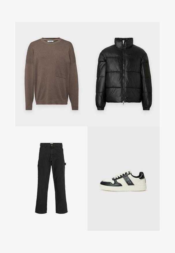 Juodas pūkinis švarkas su aukštu apykakle, užtrauktuko priekyje, siuvinėtu dizainu, elastingais rankogaliais ir blizgia, lygiąja audinio apdaila.; Rudas ilgas rankovės megztinis su apvalia kaklo iškirpte, turintis priekinį kišenę ir tekstūruotą mezgimą. Siluetas laisvas, o rankovės šiek tiek nukaręs.; Juodos krovinių kelnės iš medvilnės mišinio audinio. Ypatybės: plačios kojos, šoninės kišenės ir šoninė kišenė su kilpa aksesuarams.; Odiniai sportbačiai juodos ir kreminės spalvų schemoje, su perforuotais akcentais, paminkštinta apykakle ir tekstūruotu padu.