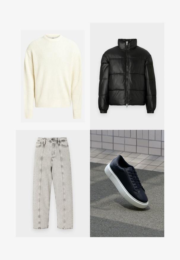 Čierna páperová bunda s vysokým golierom, predným zipsom, prešívaným dizajnom, elastickými manžetami a lesklým hladkým materiálom.; Svetlý krémový pletený sveter s rebrovanou textúrou, okrúhlym výstrihom a spustenými ramenami; má uvoľnený strih a jednotnú farbu.; Šedé vysoké džínsy s voľným strihom, so rovnými nohavicami, viditeľným šitím a opotrebovanou textúrou.; Čierne kožené tenisky s okrúhlou špičkou a bielou gumovou podrážkou. Majú ploché šnúrky a minimálne šitie na vrchu. Textúrovaná podrážka pre lepšiu priľnavosť.