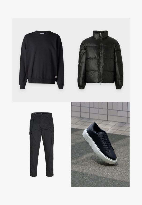 Črna pufasta jakna z visokim ovratnikom, z zadrgo spredaj, prešito zasnovo, elastičnimi manšetami in sijočim, gladkim zaključkom tkanine.; Črna dukserica z dolgimi rokavi, okroglim izrezom, rebrastimi manšetami in robom. Narejena iz mehke tkanine, ima majhen logotip na dnu.; Črne cargo hlače iz trdnega blaga, ki imajo več žepov, gumbasto zapiranje in ozek kroj z zožanimi nogami.; Črne usnjene superge z zaobljenim prstom in belim gumijastim podplat. Imajo ravne vezalke in minimalno šivanje na zgornjem delu. Teksturirani podplat za oprijem.