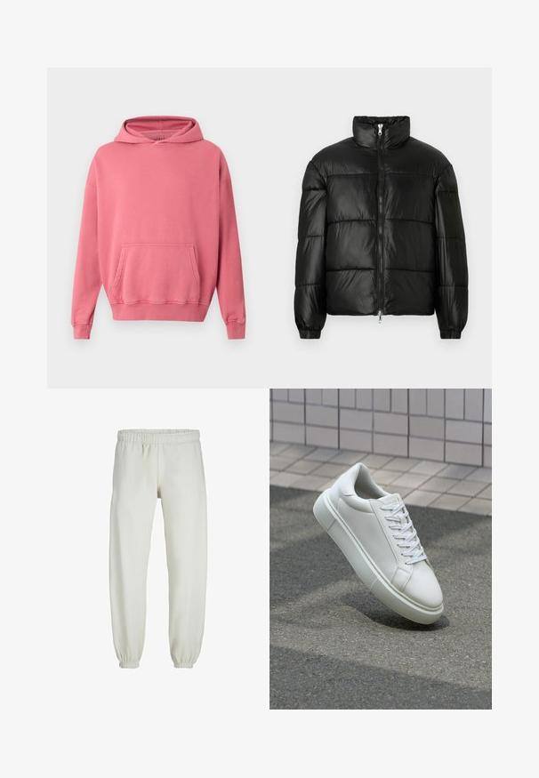 Svart puffjacka med hög krage, dragkedja fram, kviltat mönster, elastiska ärmslut och en blänkande, slät ytfinish.; Rosa huvtröja med känguruficka, ribbade mudd och fåll. Tillverkad av mjukt, strukturerat tyg. Enkelt design, inga synliga logotyper eller mönster.; Vita sweatpants gjorda av mjukt tyg, med elastisk midja och muddar, samt en slät textur och lös passform.; Vit lädersneaker med en slät yta, rund tå och platta vita snören. Har en texturerad gummisula och minimalistiska designelement.