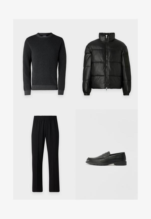 Fekete puffernadrág magas gallérral, cipzáras elülső záródással, steppelt kialakítással, elasztikus mandzsettákkal és fényes, sima szövetfelülettel.; Sötét szürke kötött pulóver, textúrált felszínen, kerek nyakkivágással, bordás mandzsettákkal és alsó részével. Hosszú ujjú, klasszikus szabású.; Fekete, gumíros derekú nadrág egyenes szabással, sima felülettel, látható minták vagy fémrészek nélkül.; Fekete bőr mokaszinok sima felülettel, a mokaszin stílusú felsőrésszel, varrott részletezéssel és gumitalppal. Klasszikus dizájn alacsony sarokkal.