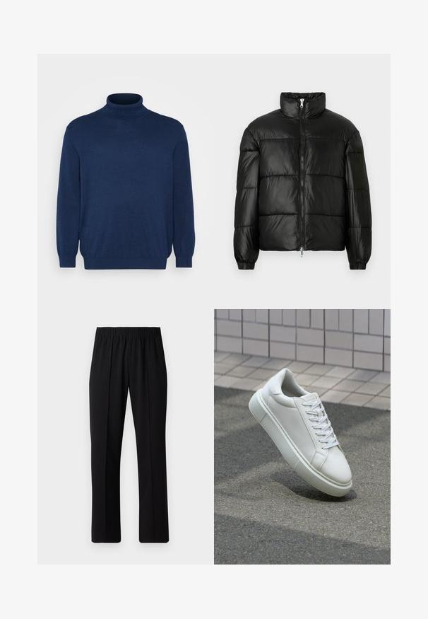 Geacă neagră din material puffy, cu guler înalt, închidere cu fermoar pe față, design matlasat, mansete elastice și finisaj din țesătură lucioasă și netedă.; Jack & Jones JJEEMIL ROLL NECK - Pulover - navy; Pantaloni negri cu talie elastică, cu un design cu picioare drepte, având o textură netedă și fără modele sau accesorii vizibile.; Sneaker alb din piele cu o suprafață netedă, vârf rotund și șireturi plate albe. Dispune de o talpă din cauciuc texturată și elemente de design minimale.