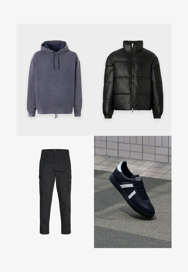 Juodas pūkinis švarkas su aukštu apykakle, užtrauktuko priekyje, siuvinėtu dizainu, elastingais rankogaliais ir blizgia, lygiąja audinio apdaila.; Tamsiai pilkas džemperis su gobtuvu, reguliuojamu raišteliu ir susiraukšlėjusiomis rankovėmis, turintis tekstūruotą, švelnų paviršių.; Juodi krovinių tipo džinsai, pagaminti iš tvirto audinio, su keliais kišeniais, mygtuko uždarymu ir siauru, prigludusiu dizainu su siaurėjančiomis kojomis.; Juodas odinis sportinis batelis su baltais dryžiais, tekstūruota gumine padais ir raišteliais priekyje. Yra prekės ženklą žymintis etiketė ant liežuvio.