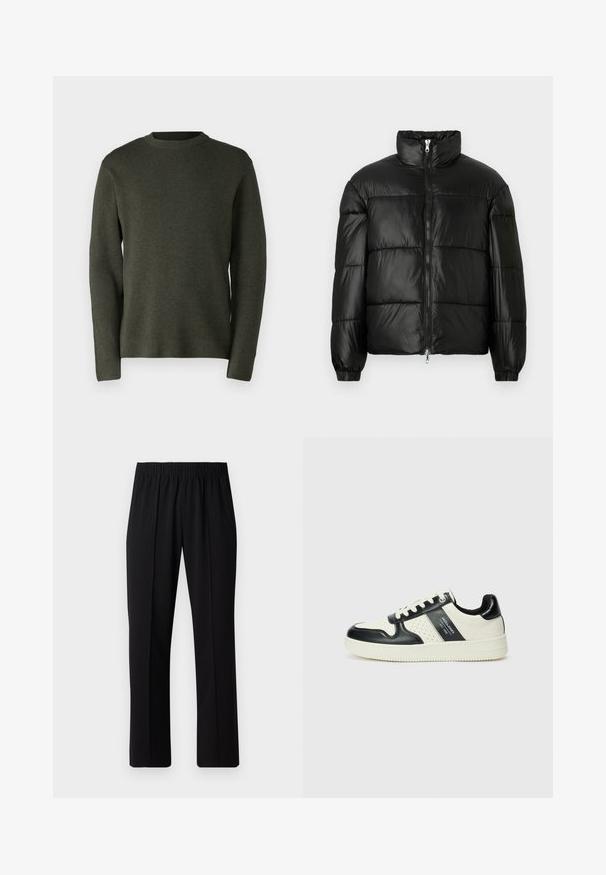 Zwarte pufferjack met een hoge kraag, ritsvoorzijde, gestikt ontwerp, elastische manchetten en een glanzende, gladde stofafwerking.; Donkergroene pullovertrui, gemaakt van een zachte gebreide stof. Ronde halslijn, lange mouwen en een ontspannen pasvorm met een gladde textuur.; Zwarte, elastische broek met rechte pijpen, met een gladde textuur en zonder zichtbare patronen of hardware.; Leren sneakers met een zwart en crèmekleurig kleurenschema, voorzien van geperforeerde accenten, een gevoerde kraag en een gestructureerde buitenzool.
