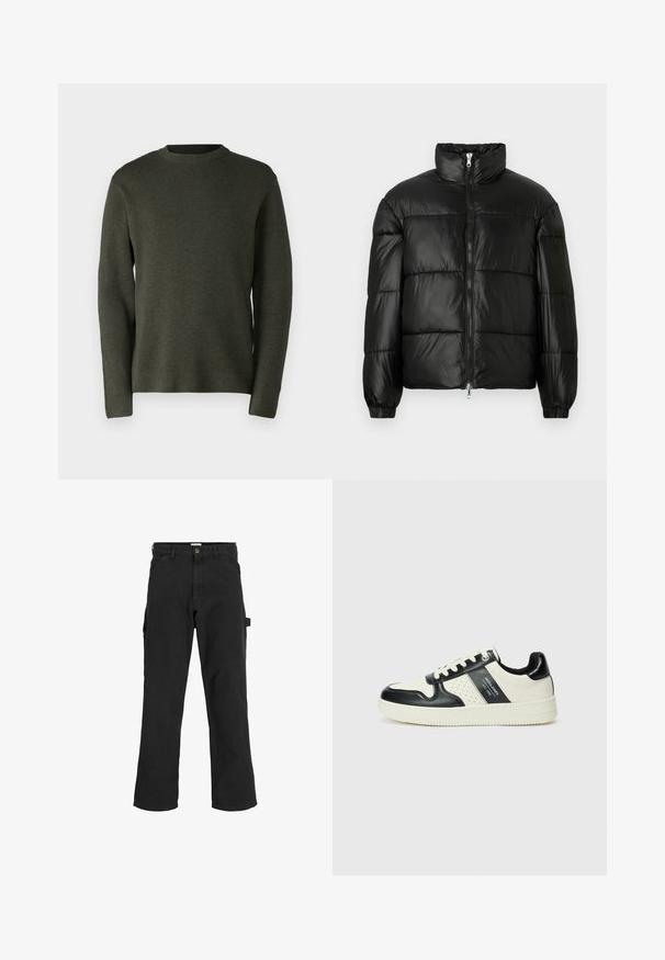 Schwarze Daunenjacke mit hohem Kragen, Reißverschluss vorne, gestepptem Design, elastischen Bündchen und glänzendem, glattem Stofffinish.; Dunkelgrüner Pullover, aus einem weichen Strickstoff gefertigt. Runder Ausschnitt, lange Ärmel und eine lockere Passform mit glatter Textur.; Schwarze Cargo-Hosen aus einem Baumwoll-Mischgewebe. Mit weitem Bein, schrägen Taschen vorne und einer Seitentasche mit einer Schlaufe für Accessoires.; Leder-Sneaker in Schwarz- und Cremetönen, mit perforierten Akzenten, einem gepolsterten Kragen und einer strukturierten Laufsohle.