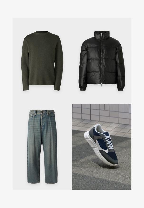 Crna puffer jakna s visokim ovratnikom, zatvaranjem na zip, quilted dizajnom, elastičnim manžetama i sjajnim, glatkim materijalom.; Tamnozelena pulover jakna, napravljena od mekog pletiva. Okrugli izrez, dugi rukavi i opušteni kroj s glatkom teksturom.; Svijetloplave traperice s širokim krojem, srednjim pojasom i ravnim nogavicama. Ima pet džepova, petlje za remen i kopčanje na gumb.; Tenisice s gornjim dijelom od mrežastog materijala tamnoplave boje, siva antilopova naglašavanja, bijela gumena potplat i ravne bijele vezice, dizajnirane za udobnost i prozračnost.