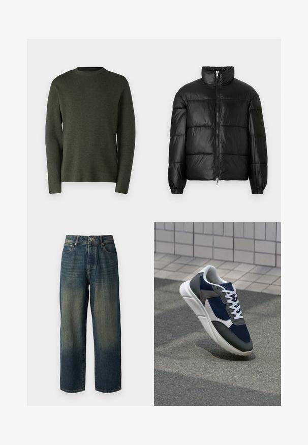 Čierna páperová bunda s vysokým golierom, predným zipsom, prešívaným dizajnom, elastickými manžetami a lesklým hladkým materiálom.; Tmavozelený sveter, vyrobený z mäkkej pleteniny. Okrúhly výstrih, dlhé rukávy a voľný strih s hladkou textúrou.; Modré džínsové nohavice so strižením rovného strihu, so svetlou farbou na spodnom okraji, piatimi vreckami a zapínaním na gombík.; Tenisky s sieťovinou v námorníckej modrej farbe, so sivými semišovými detailmi, bielou gumovou podrážkou a plochými bielymi šnúrkami, navrhnuté pre pohodlie a priedušnosť.