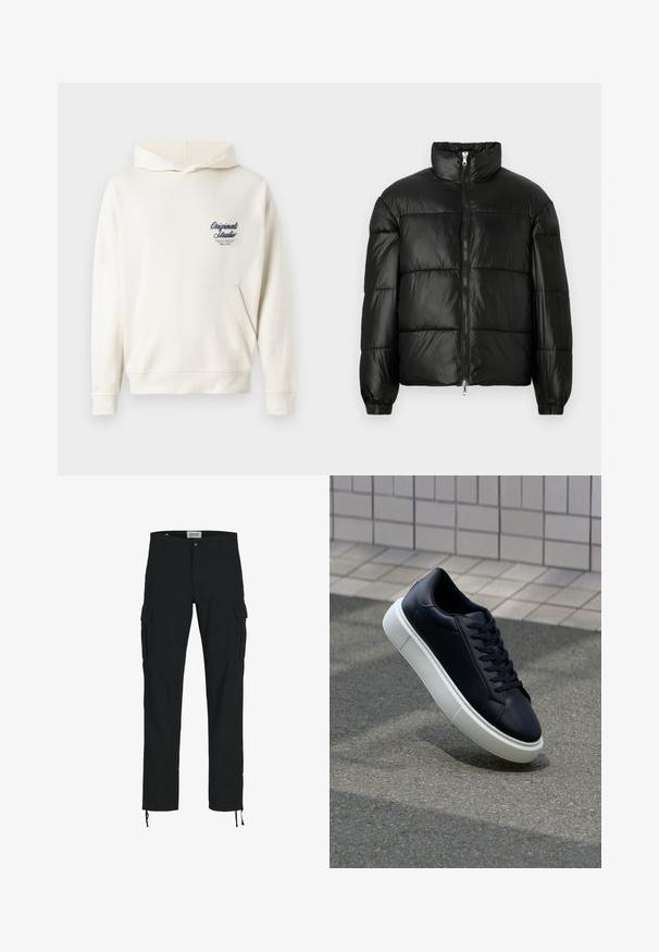 Melna pūkainā jaka ar augstu apkakli, rāvējslēdzēja priekšējo aizdari, quilted dizainu, elastīgām piedurknēm un spīdīgu, gludu auduma apdari.; Krēmbalti hoody, kas izgatavots no mīksta auduma, ar priekšējo kabatu, ribotām piedurknēm un mazu izšūtu logotipu uz krūšu daļas.; Melni cargo bikses ar taisnu piegriezumu, ar sānu kabatām, pogu aizdari un elastīgām auklām pie potītēm. Izgatavotas no izturīga auduma.; Melnas ādas kedas ar noapaļotu pirkstu un baltu gumijas zoli. Iespējas - plakanas šņorītes un minimāla apdare augšdaļā. Struktūrēta zole, lai nodrošinātu saķeri.