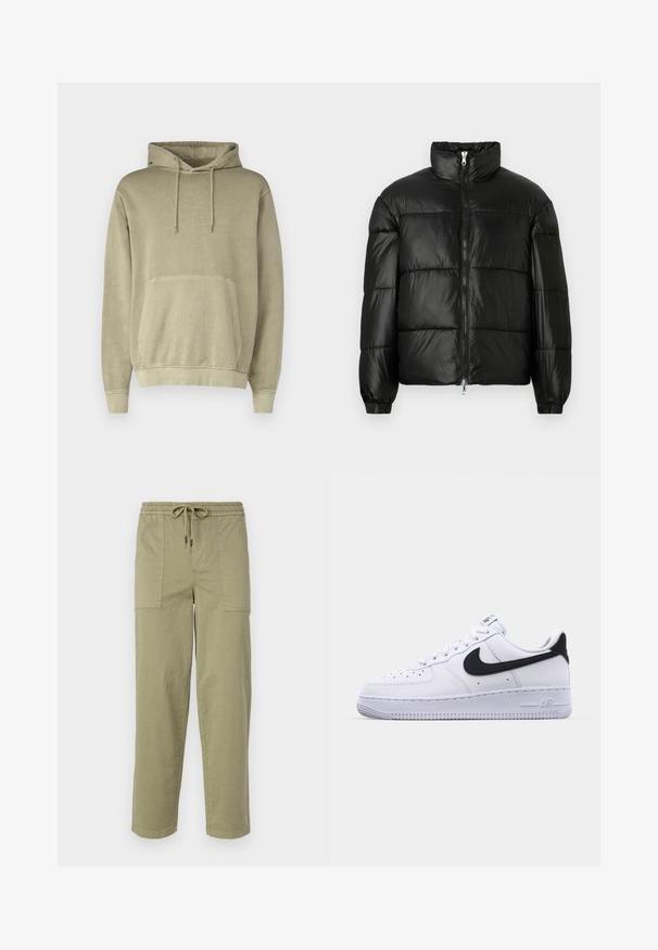 Μαύρο μπουφάν με φουσκωτό σχέδιο, ψηλό γιακά, κλείσιμο με φερμουάρ μπροστά, ραφές τύπου καπιτονέ, ελαστικές μανσέτες και γυαλιστερή, λεία υφή.; Χακί φούτερ με κουκούλα με κορδόνια, τσέπη καγκουρό και ριμπ μανσέτες. Κατασκευασμένο από μαλακό ύφασμα με απαλή υφή.; Φως ελαιόχρωμο παντελόνι κατασκευασμένο από ύφασμα με μείγμα βαμβακιού, με ελαστική μέση και κορδόνι, και δύο μεγάλες πλευρικές τσέπες.; Λευκό δερμάτινο αθλητικό παπούτσι με υφή μαύρου Swoosh, επίπεδα κορδόνια και καουτσούκ σόλα με ραβδωτό σχέδιο. Η λέξη "AIR" είναι ανάγλυφη στην φτέρνα.