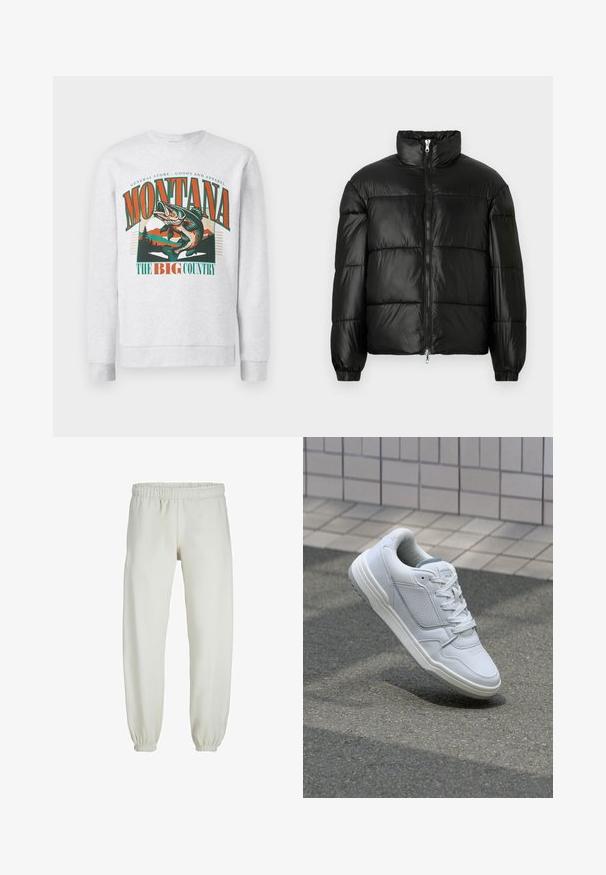 Zwarte pufferjack met een hoge kraag, ritsvoorzijde, gestikt ontwerp, elastische manchetten en een glanzende, gladde stofafwerking.; Lichtgrijze sweatshirt met een grote afbeelding van een springende vis, bergen en bomen, met de tekst "Montana The Big Country" in oranje en groen.; Witte sweatpants gemaakt van zachte stof, met een elastische tailleband en boorden, een gladde textuur en een losvallend ontwerp.; Witte lederen sneaker met geperforeerde zijkanten, gestructureerde accenten, platte veters en een contrasterende grijze hiel. Voorzien van een iets verhoogde zool.