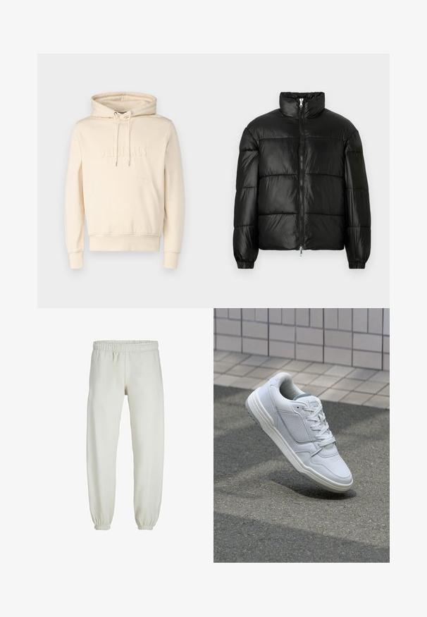 Černá péřová bunda s vysokým límcem, zapínáním na zip, prošívaným designem, elastickými manžetami a lesklým, hladkým povrchem.; Krémová mikina s kapucí a stahovacími šňůrkami, přední kapsa a lesklý nápis "ORIGINALS". Měkká látka s uvolněným střihem. Žebrované manžety a lem.; Bílé tepláky vyrobené z měkkého materiálu, s elastickým pasem a manžetami, s hladkou texturou a volným střihem.; Bílé kožené tenisky s perforovanými stranami, texturovanými detaily, plochými tkaničkami a kontrastní šedou patou. Mají mírně zvýšenou podrážku.