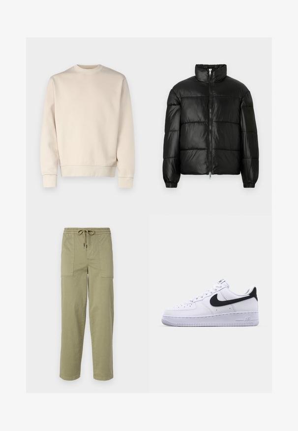 Sort puffet jakke med høj krave, lynlås foran, quiltet design, elastiske manchetter og skinnende, glat stoffinish.; Beige sweatshirt i en afslappet pasform med rund hals, lange ærmer, ribbede manchetter og kant. Glat overflade med minimal dekoration.; Lys olivengrønne bukser lavet af en bomuldsblanding, med elastisk talje med snor og to store sidelommer.; Hvide lædersneakers med en struktureret sort Swoosh, flade snørebånd og en gummisål med et rillemønster. "AIR" er præget på hælen.