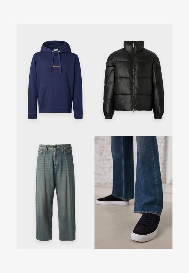 Czarna kurtka puchowa z wysokim kołnierzem, zapięciem na zamek błyskawiczny z przodu, pikowanym wzorem, elastycznymi mankietami oraz błyszczącym, gładkim wykończeniem materiału.; Granatowy hoodie wykonany z bawełny z kieszenią kangurką, kapturem ze sznurkiem i haftowanym napisem na piersi. Prosty design z ściągaczami przy mankietach.; Jasnoniebieskie dżinsy o luźnym kroju, średnim stanie i prostych nogawkach. Posiadają pięć kieszeni, szlufki na pasek oraz zapięcie na guzik.; Ciemnoniebieskie zamszowe sneakersy z białą gumową podeszwą i sznurowadłami, połączone z dżinsami o szerokich nogawkach w średnim niebieskim odcieniu.