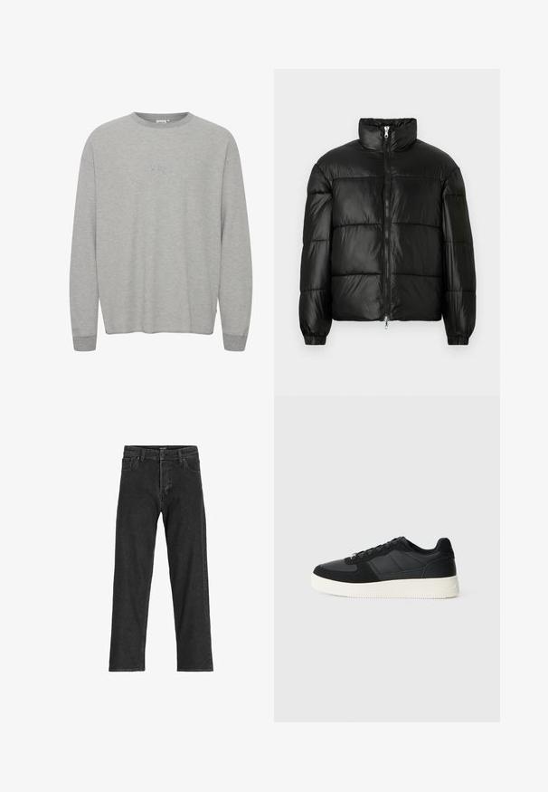 Black puffer jacket with a high collar, zip front closure, quilted design, elastic cuffs, and shiny, smooth fabric finish.; Gray long-sleeve top made of ribbed fabric featuring a round neck and embroidered "ABC" on the chest. Relaxed fit with cuffed sleeves.; Black denim jeans with a straight leg design, featuring a zip fly, belt loops, and six pockets, made from a sturdy cotton blend fabric.; Black low-top sneaker with textured leather and suede panels, white rubber sole, and black laces on a plain light background.