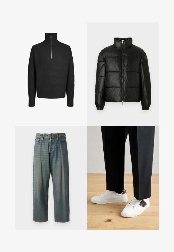 Doudoune noire avec un col montant, fermeture éclair sur le devant, design matelassé, poignets élastiques et finition en tissu lisse et brillant.; Pull en tricot noir avec un col haut et une fermeture à zip demi-longueur. Présente des poignets et un ourlet côtelés, avec un tissu doux et texturé.; Jeans en denim bleu clair avec une coupe ample, taille mi-haute et jambes droites. Comprend cinq poches, des passants de ceinture et une fermeture à bouton.; Des sneakers blanches au texture lisse, avec des accents en cuir marron et des détails noirs, assorties à un pantalon noir ajusté. Fond en parquet.
