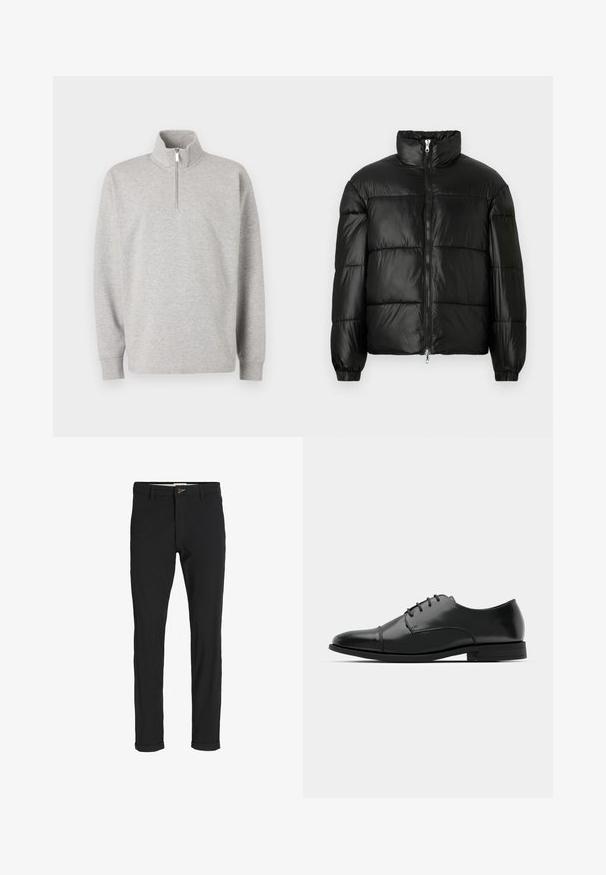 Fekete puffernadrág magas gallérral, cipzáras elülső záródással, steppelt kialakítással, elasztikus mandzsettákkal és fényes, sima szövetfelülettel.; Szürke pulóver magas gallérral és negyedcipzáras záródással. Puha anyagból készült, hosszú ujjú és laza fazonú.; Fekete pamut keverék nadrág, slim fit szabással, gombos záródással, zsebekkel és felgöngyölt szárakkal a laza végeredményért.; Fekete bőr férfi dresszcipő, lekerekített orral, fűzős kialakítással, diszkrét varrási részletekkel és alacsony sarokkal. Simább felület, fényes kivitel.