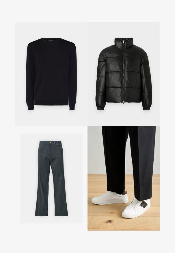 Juodas pūkinis švarkas su aukštu apykakle, užtrauktuko priekyje, siuvinėtu dizainu, elastingais rankogaliais ir blizgia, lygiąja audinio apdaila.; Juodas apvalios iškirptės megztinis, pagamintas iš lygios medžiagos, su ilgomis rankovėmis ir riebiais rankogaliais bei apatine kraštine. Klasikinis dizainas, minimalus detalizavimas.; Juodos kelnės su tiesiu kirpimu, pagamintos iš medvilnės mišinio. Turi metalinį mygtuką ir šonines kišenes. Be matomų raštų.; Balti sportbačiai su glotnia danga, puošti rudais odiniais akcentais ir juodais detalėmis, derinami su juodais pritaikytais kelnėmis. Medinių grindų fonas.