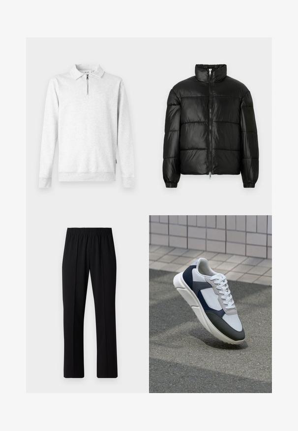 Zwarte pufferjack met een hoge kraag, ritsvoorzijde, gestikt ontwerp, elastische manchetten en een glanzende, gladde stofafwerking.; Lichtgrijze sweatshirt met een ritssluiting bij de kraag, lange mouwen, ribgebreide manchetten en zoom. Gemaakt van zachte, gestructureerde stof. Geen patronen of accenten.; Zwarte, elastische broek met rechte pijpen, met een gladde textuur en zonder zichtbare patronen of hardware.; Witte, marineblauwe en grijze sneaker met een gemengde materiaald ontwerp, met een gestructureerde bovenkant, platte veters en een gevoerde zool.
