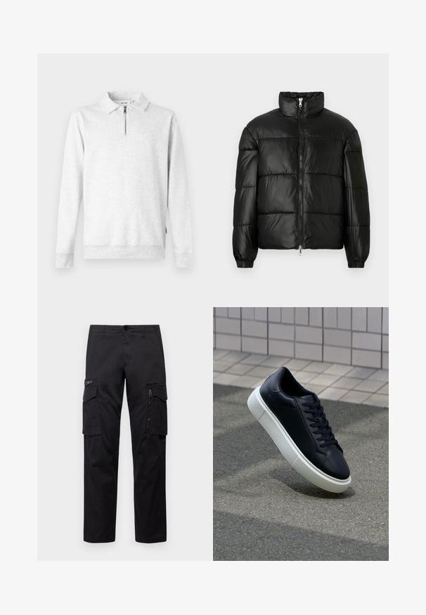 Mustat puffer-takki korkealla kauluksella, vetoketjukiinnitys edessä, tikattu malli, joustavat hihansuut ja kiiltävä, sileä kangasviimeistely.; Vaaleanharmaa huppari, jossa on vetoketjukaulus, pitkät hihat, ribbauspaikat hihansuissa ja helmassa. Valmistettu pehmeästä, teksturoidusta kankaasta. Ei kuvioita tai yksityiskohtia.; Mustat cargo-housut, joissa on useita taskuja, vetoketjullinen tasku reidellä, suora malli ja kestävä puuvillakangas, jossa on kevyt kiilto.; Mustat nahkakengät, joissa on pyöristetty kärki ja valkoinen kumipohja. Varusteena litteät nauhat ja minimaalinen ommel ylhäällä. Teksturoitu pohja pitävyyden lisäämiseksi.