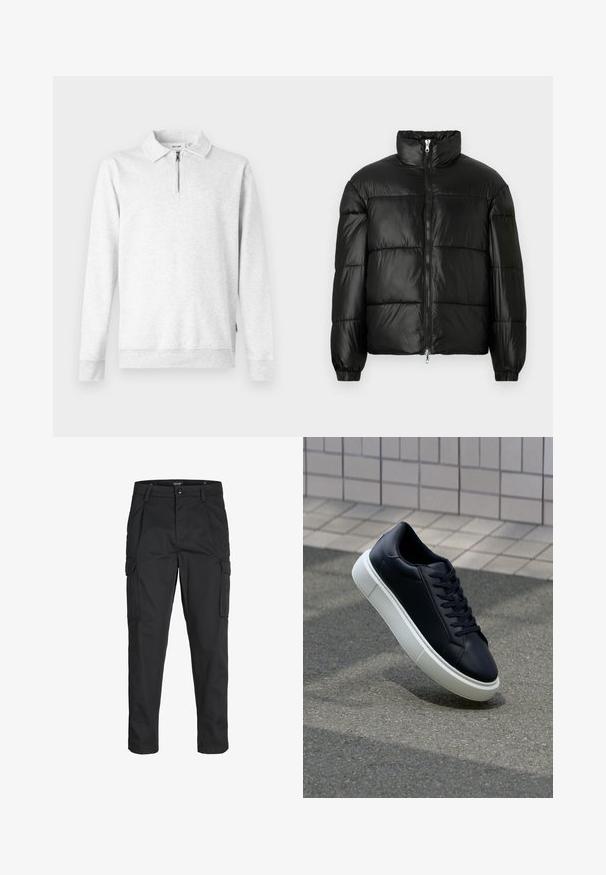 Mustat puffer-takki korkealla kauluksella, vetoketjukiinnitys edessä, tikattu malli, joustavat hihansuut ja kiiltävä, sileä kangasviimeistely.; Vaaleanharmaa huppari, jossa on vetoketjukaulus, pitkät hihat, ribbauspaikat hihansuissa ja helmassa. Valmistettu pehmeästä, teksturoidusta kankaasta. Ei kuvioita tai yksityiskohtia.; Mustat cargo-housut, jotka on valmistettu kestävästä kankaasta. Housuissa on useita taskuja, nappisulku ja kapea istuvuus, jossa on kapenevat lahkeet.; Mustat nahkakengät, joissa on pyöristetty kärki ja valkoinen kumipohja. Varusteena litteät nauhat ja minimaalinen ommel ylhäällä. Teksturoitu pohja pitävyyden lisäämiseksi.