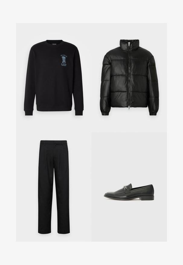 Geacă neagră din material puffy, cu guler înalt, închidere cu fermoar pe față, design matlasat, mansete elastice și finisaj din țesătură lucioasă și netedă.; Hanorac negru cu mâneci lungi, cu mansete ribbed și gât rotund. Prezintă un logo grafic albastru pe piept, împreună cu elemente decorative.; Pantaloni negri dintr-un material neted, cu un design drept, două pliuri frontale și un tiv standard cu bucle pentru curea.; Pantofii negri din piele cu un finisaj neted, având un design cusut și un accent decorativ de lanț metalic peste partea de sus. Toc plat.
