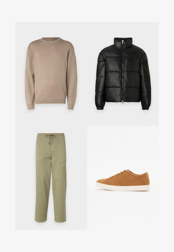 Black puffer jacket with a high collar, zip front closure, quilted design, elastic cuffs, and shiny, smooth fabric finish.; Beige knitted sweater with a round neck, long sleeves, and ribbed cuffs and hem; smooth texture with a uniform pattern.; Light olive green pants made of cotton blend fabric, featuring an elastic waistband with drawstring, and two large side pockets.; Brown suede sneakers with a low-top design, white rubber sole, and round toe. Features matching laces and minimal branding on the heel.