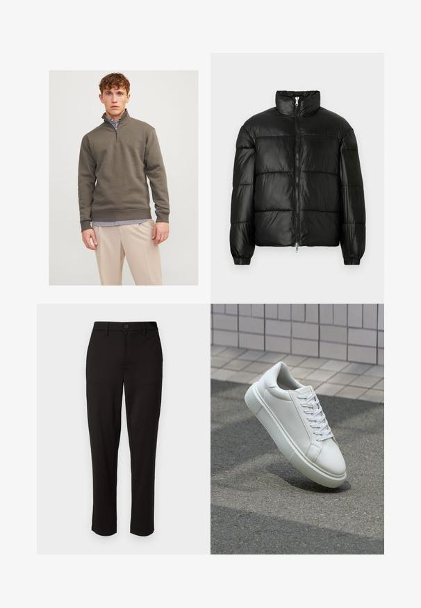 Zwarte pufferjack met een hoge kraag, ritsvoorzijde, gestikt ontwerp, elastische manchetten en een glanzende, gladde stofafwerking.; Donker groene quarter-zip sweatshirt van zacht materiaal, met lange mouwen en geribde manchetten, gecombineerd met een gestreept shirt en lichte broek.; Zwarte broek gemaakt van lichte stof, met een rechte pijp, knoopsluiting aan de voorkant, riemlussen en zijzakken.; Witte leren sneaker met een glad oppervlak, ronde neus en platte witte veters. Voorzien van een gestructureerde rubberen zool en minimale ontwerpelementen.